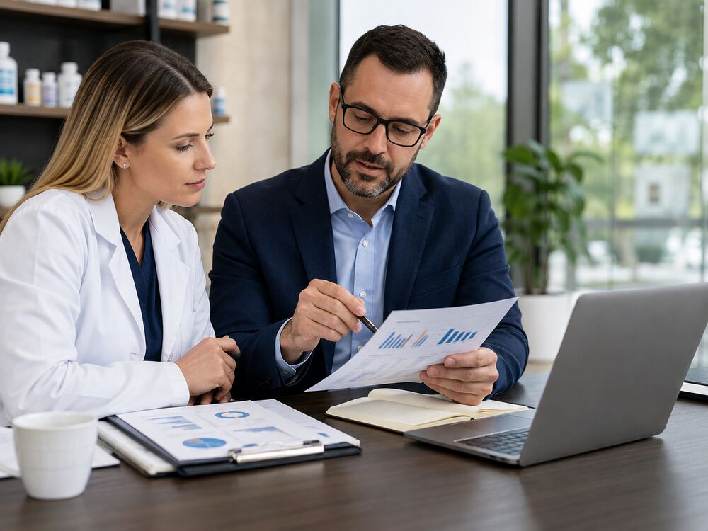Pharmacy professionals reviewing claims analytics and reports