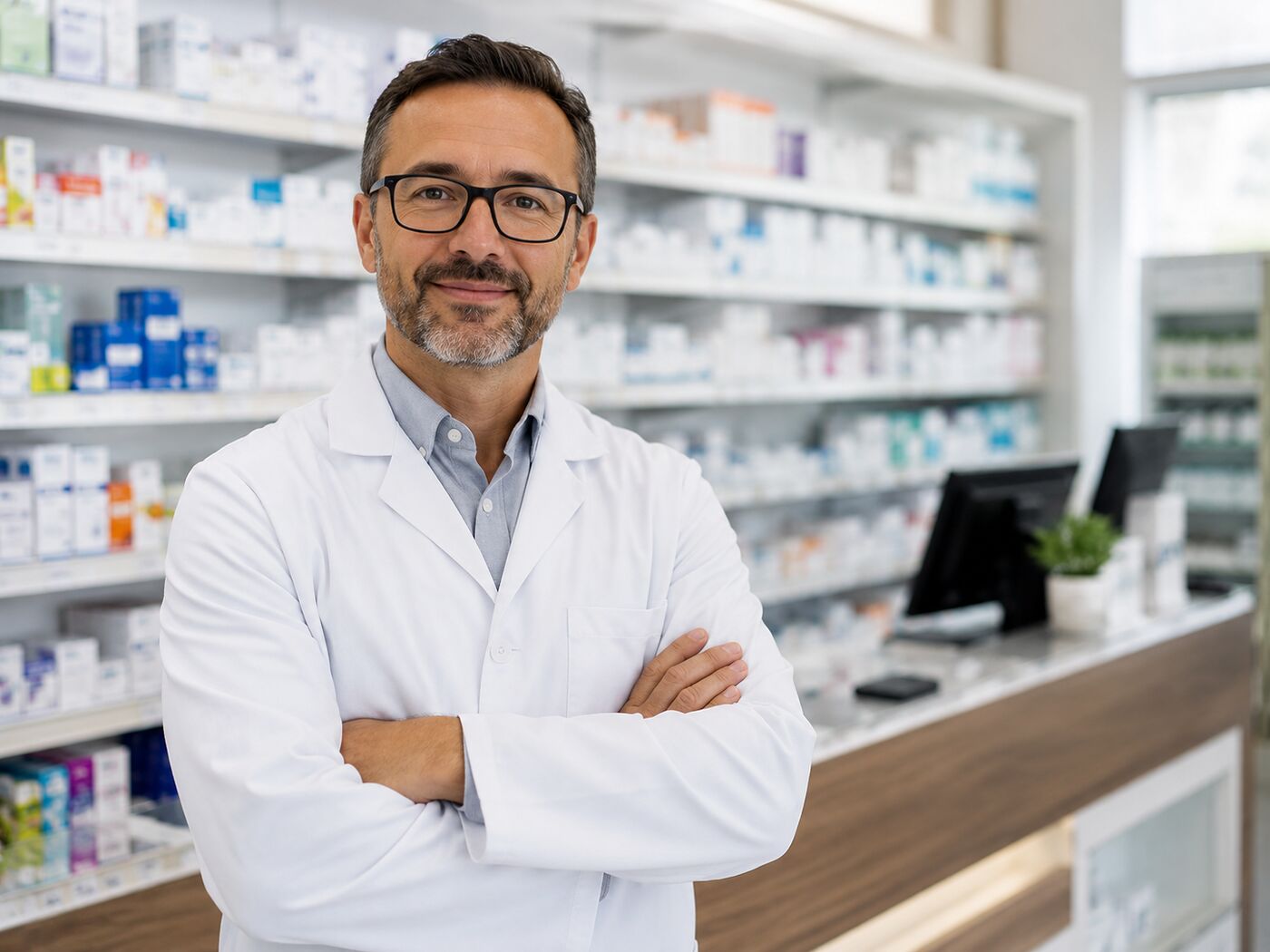Independent pharmacist in a modern community pharmacy
